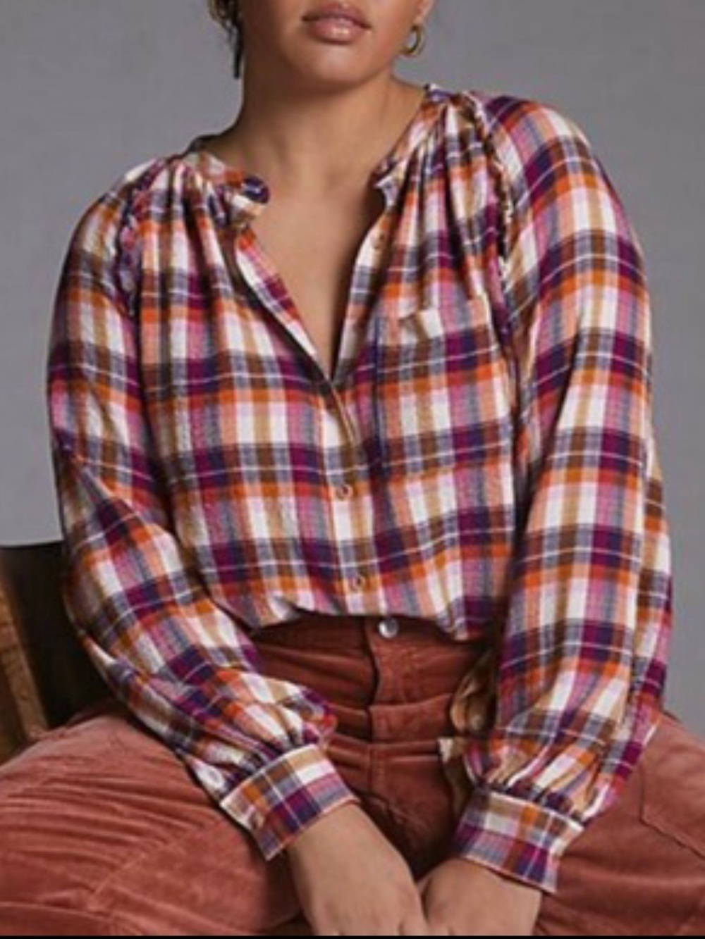 Anthropologie Pilcro Breezy Button Down Rasberry Plaid Shirt Top Size 3X NEW